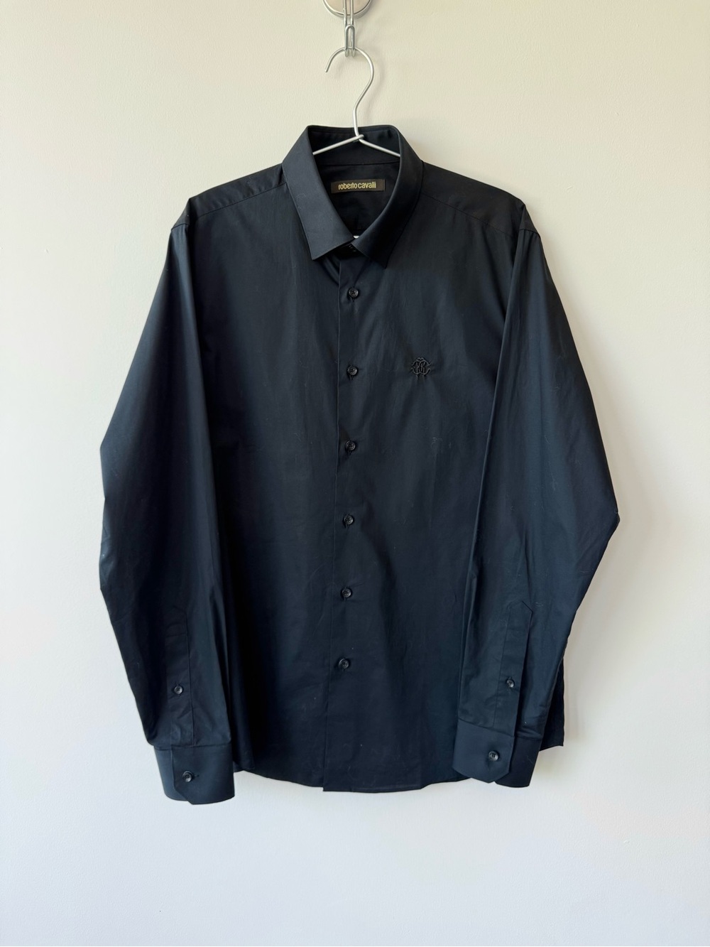 Roberto Cavalli Men's Black Monogrammed Long-Sleeve Dress Shirt - Size L